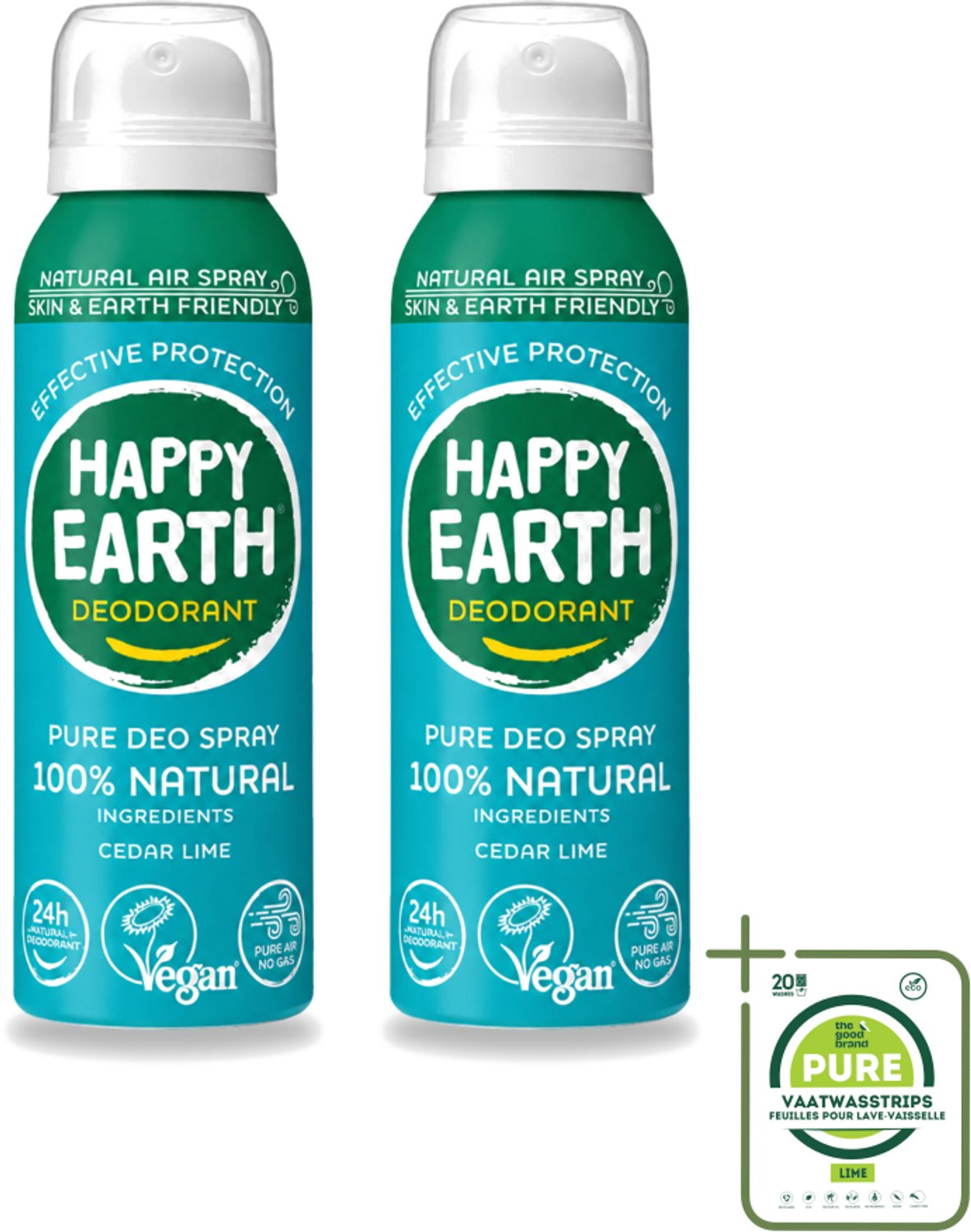 2 x Happy Earth – Deodorant Natural Air Spray – 100% Natuurlijk Cedar Lime – 100 ml - Grootverpakking - Vaatwasstrips - Natuurlijke Deodorant - Cederhout En Limoen - Aerosol Deodorant - 100% Natuurlijk - Luchttechnologie