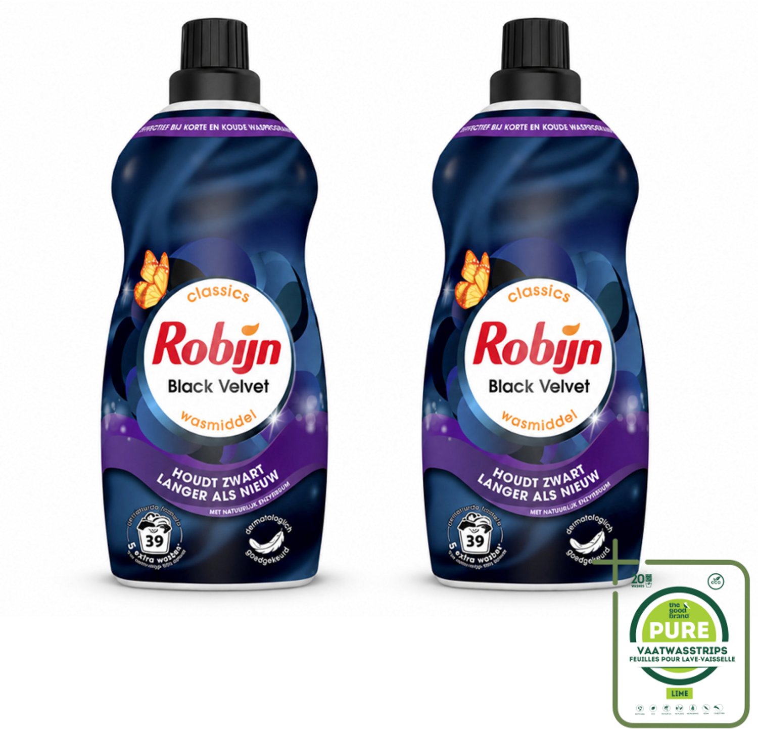 2 x Robijn – Vloeibaar Wasmiddel – Klein & Krachtig Black Velvet – 1,19 L - Grootverpakking - Vaatwasstrips - Zwarte Was - Donker Was - Wasmiddel Zwart - Kleurbehoud - Wasmiddel Donker