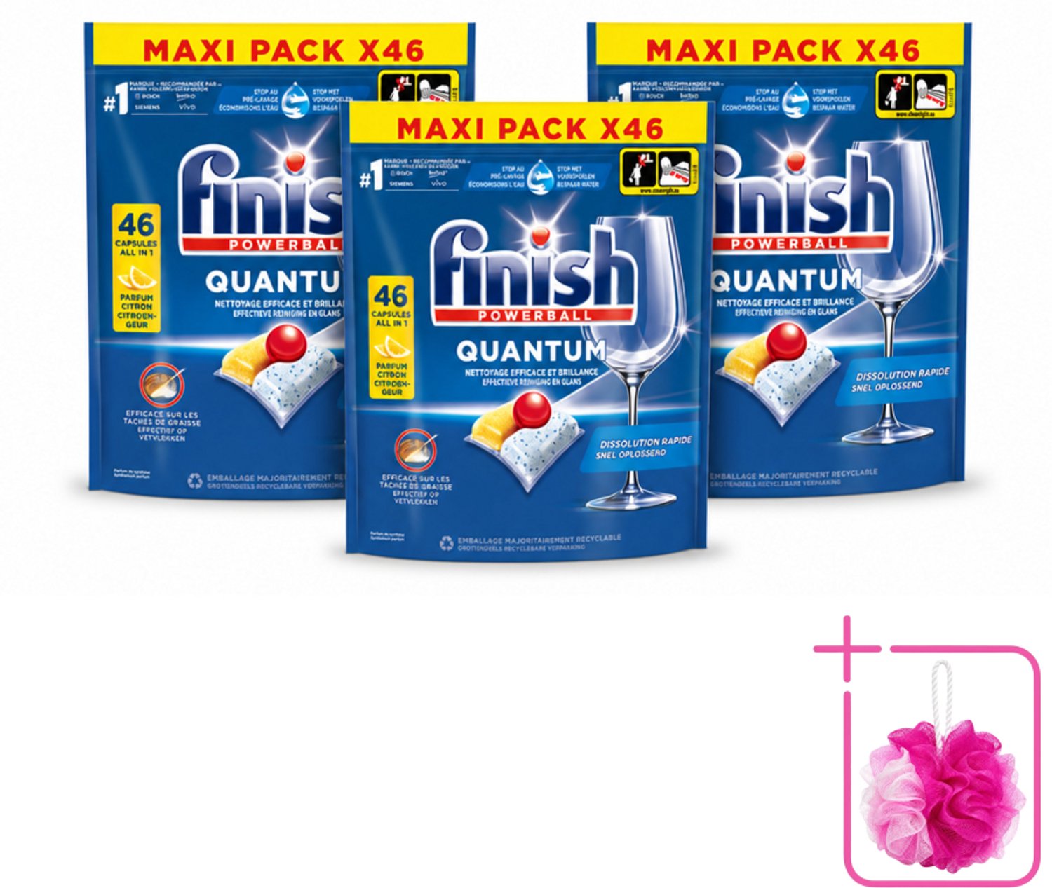 3 x Finish - Vaatwasmiddel - Quantum Vaatwastabletten Citroen - Diepe Reiniging & Frisheid - 46 capsules - Bulkverpakking - Vaatwastabletten - Douchemop - Diepe reiniging