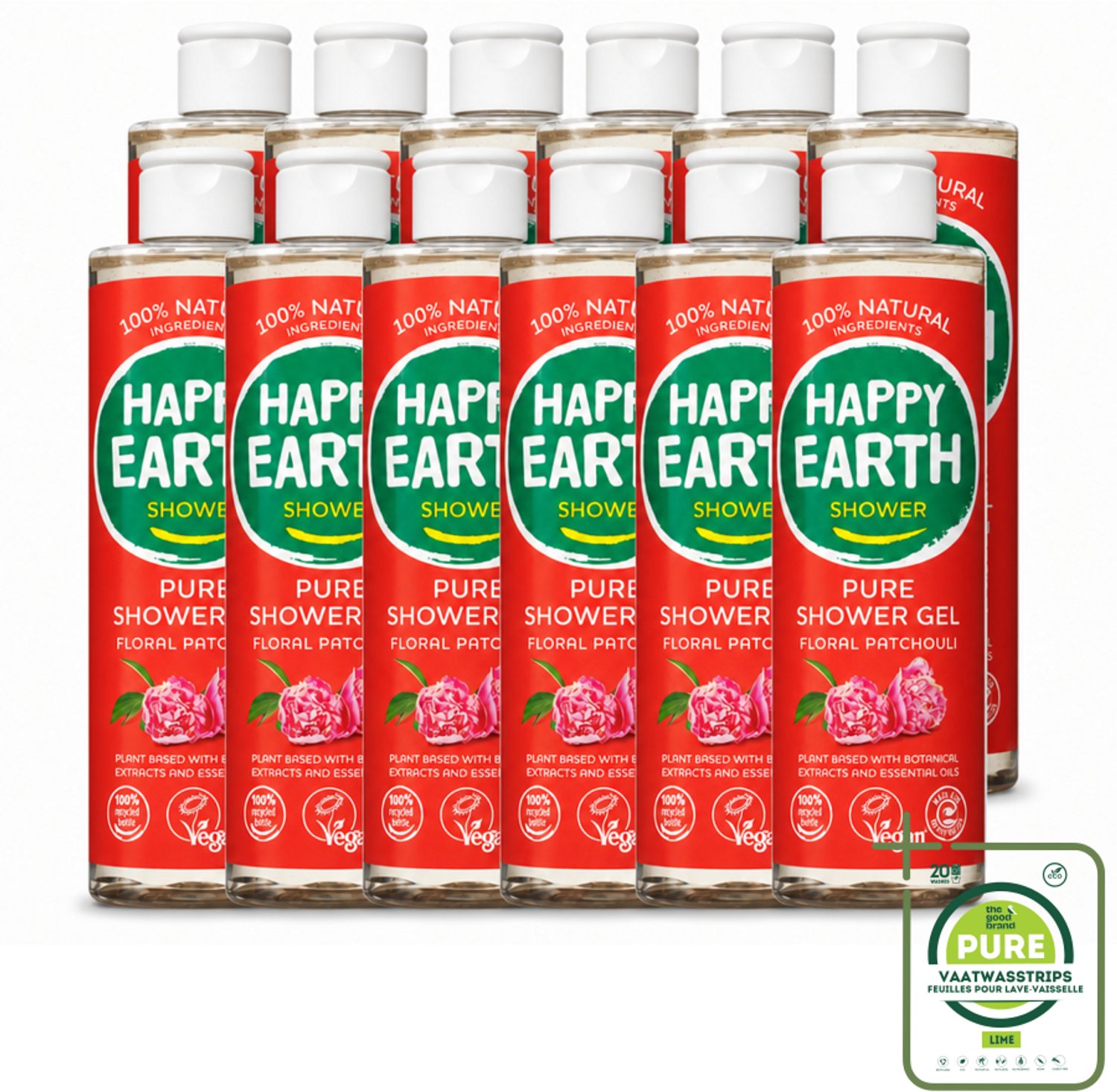 12 x Happy Earth – Douchegel – 100% Natuurlijk Floral Patchouli – 300 ml - Grootverpakking - Vaatwasstrips - Douchegel - Natuurlijke Douchegel - Vegan Douchegel - Patchouli Geur - Huid Verzorging