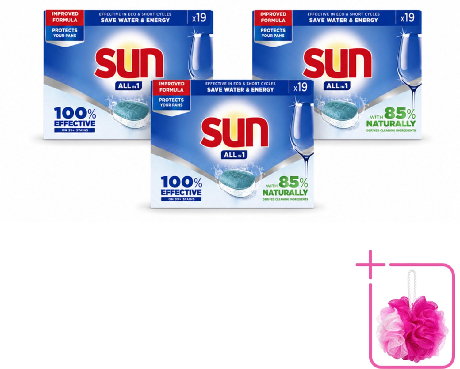 3 x Sun - Vaatwastabletten - All-in-1 Neutraal - 19 tabletten - Bulkverpakking - Vaatwasmiddel - Douchemop - Vaatwastablet