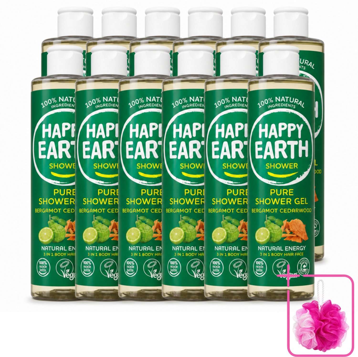 12 x Happy Earth – Douchegel – 100% Natuurlijk Bergamot Cedarwood – 300 ml - Bulkverpakking - Douchegel bergamot cederhout - Douchemop - Natuurlijke douchegel