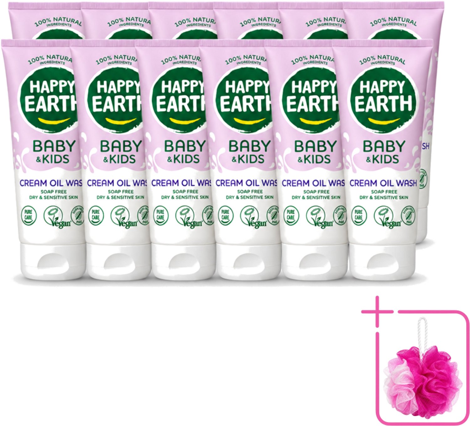 12 x Happy Earth – Cream Oil Wash – 100% Natuurlijk Baby & Kids – 200 ml - Bulkverpakking - Babyolie - Douchemop - Gezichtsolie