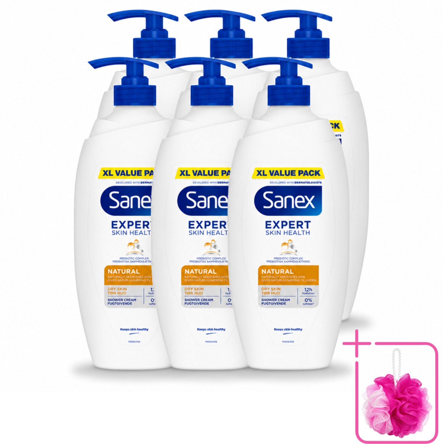 6 x Sanex – Douchecrème – Expert Skin Health Naturals – 750 ml - Bulkverpakking - Gevoelige huid - Douchemop - Huidverzorging