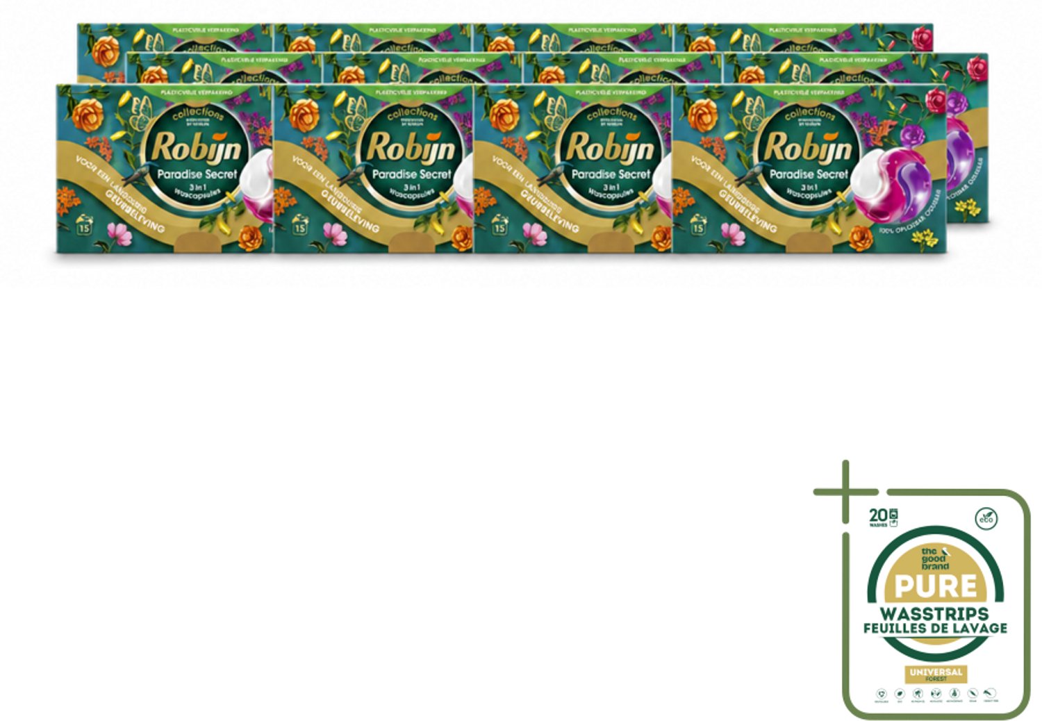 12 x Robijn – 3-in-1 Wascapsules – Paradise Secret - 15 Capsules - Wasstrips - 3-in-1 Wascapsules - Kleurbescherming - Wascapsules Voor Gekleurde Was - Langdurige Geur - Wasmiddel Voor Gekleurde Kleding