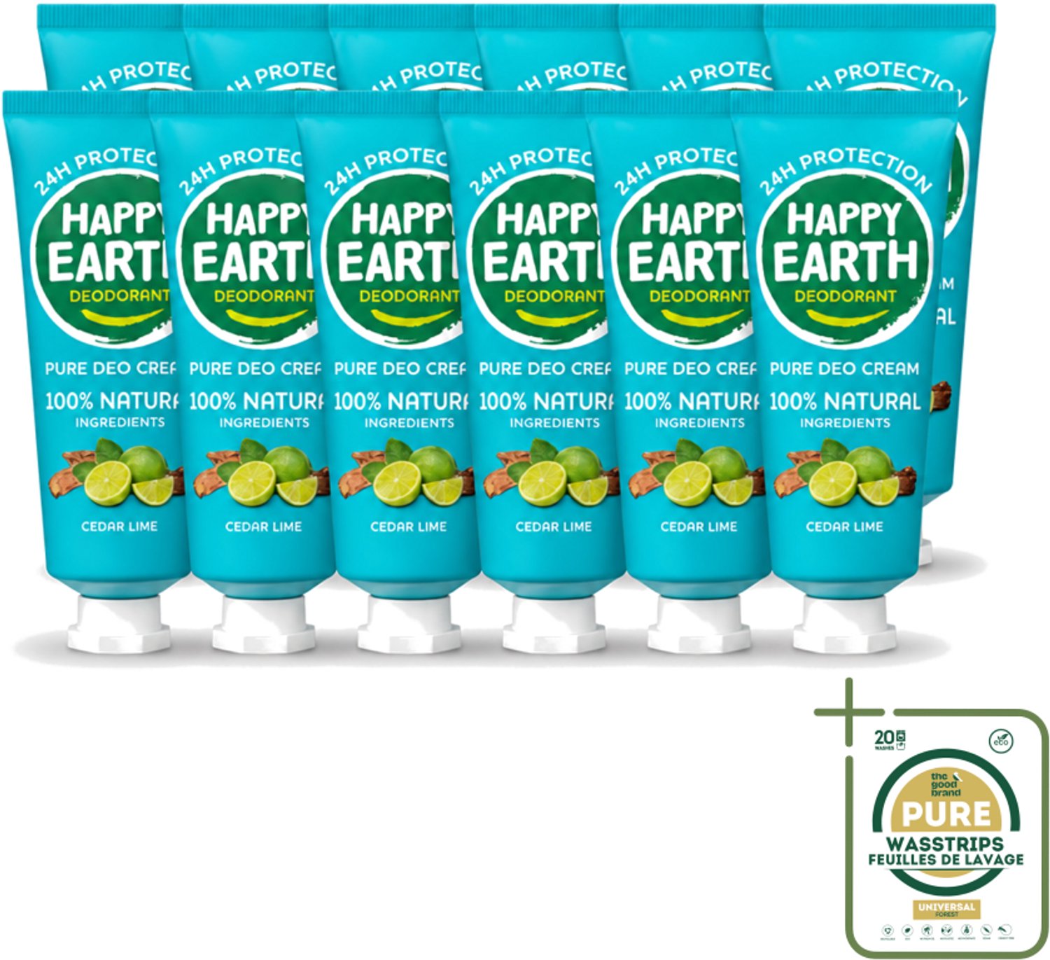 12 x Happy Earth – Deodorant Cream – 100% Natuurlijk Cedar Lime – 40 ml - Wasstrips - 100% Natuurlijk Deodorant - Natuurlijke Deodorant Crème - Deodorant Crème Ceder Lime - Fris Deodorant - Huidvriendelijk Deodorant