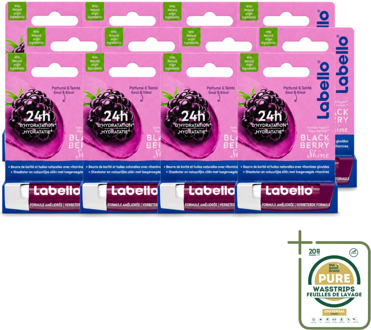 12 x Labello – Lippenbalsem – Blackberry Shine – Lippenbalsem – Shea Boter & Jojoba Olie – 5,5 ml - Wasstrips - Lippenbalsem - Hydratatie - Zachte Lippen - Glans - Braam