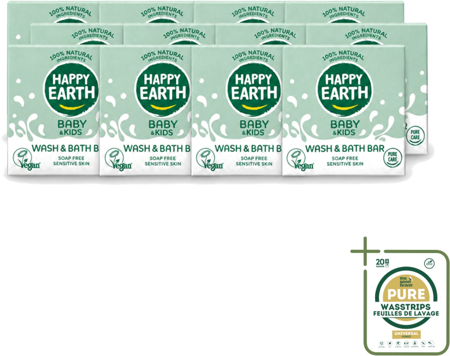 12 x Happy Earth – Wash & Bath Bar – 100% Natuurlijk Baby & Kids – 50 g - Wasstrips - Baby Wasbar - Natuurlijke Wasbar - Baby Badbar - Gevoelige Huid Verzorging - Zeepvrije Wasbar
