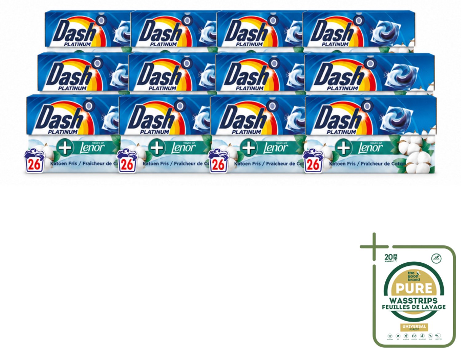 12 x Dash – Wasmiddelcapsules – 4in1 Pods Katoen Fris – 26 capsules - Wasstrips - Wasmiddelcapsules - Katoen Fris - Reinigingscapsules - Wasmiddel 4 In 1 - Wasmiddel Voor Kleding
