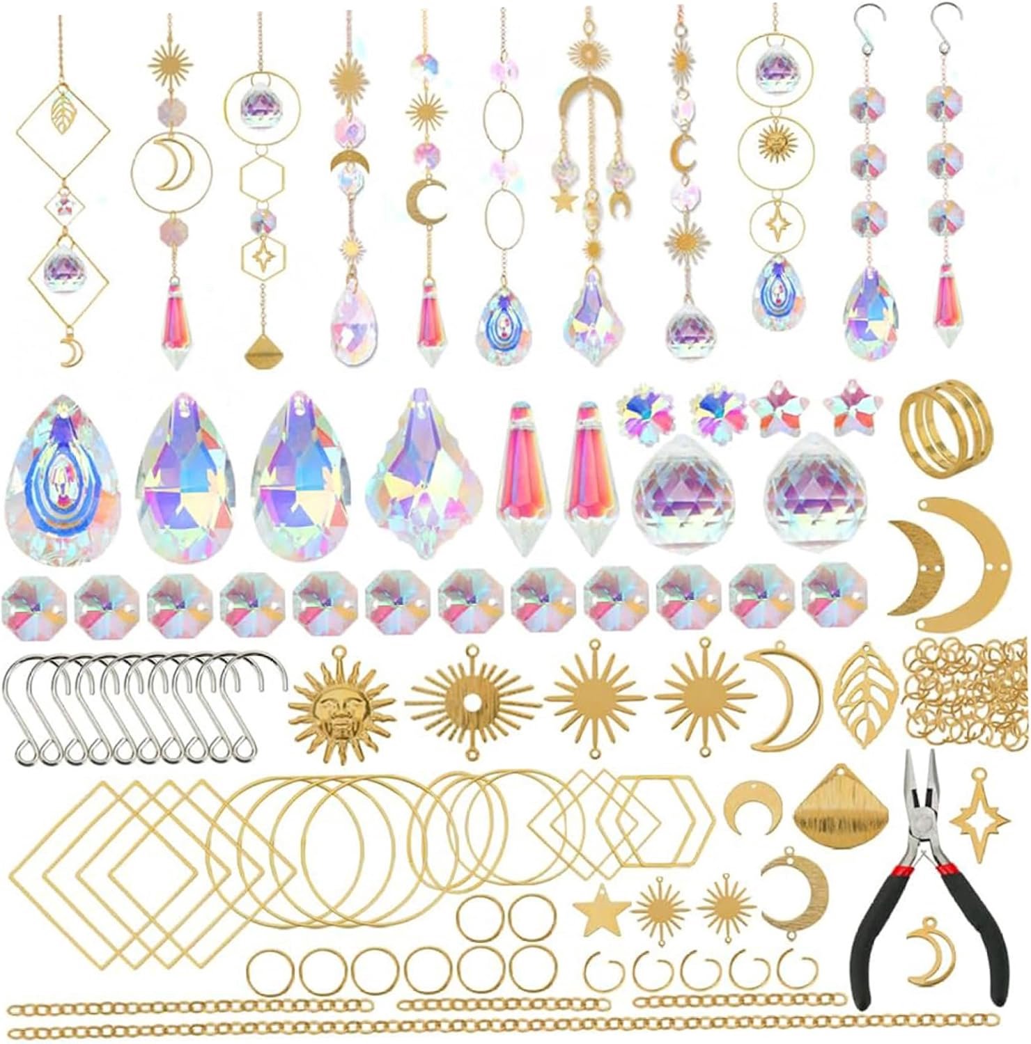 Sun Catcher Window Make Suncatchers DIY Kit Kristallen om op te hangen Maak Suncatchers 200 stuks gouden kristallen om op te hangen met metalen zon, maan, ster, elementen en gereedschap, raamvanger