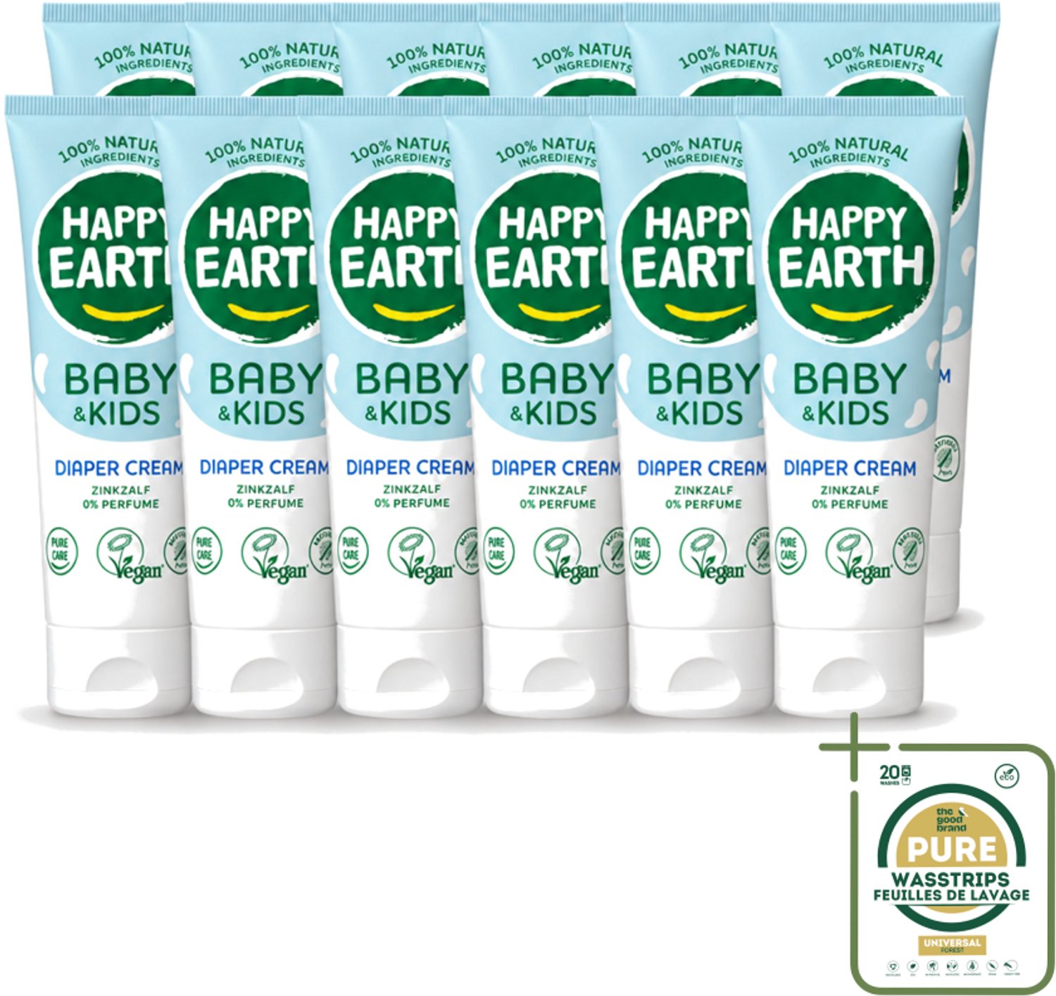 12 x Happy Earth – Diaper Cream – 100% Natuurlijk Baby & Kids – 75 ml - Wasstrips - Babybillen Crème - Luieruitslag Voorkomen - Gevoelige Huid - Zink Oxide Crème - Natuurlijke Crème