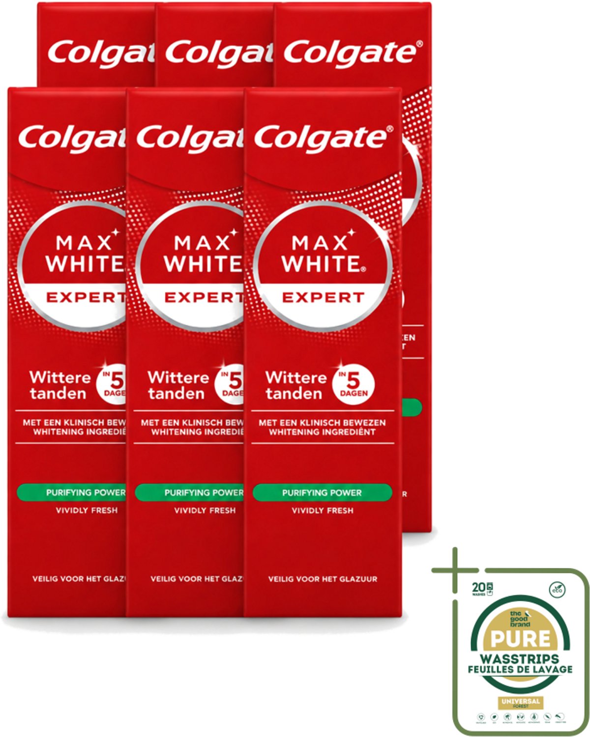 6 x Colgate – Max White Expert Purifying Power – Tandpasta – 75 ml - Wasstrips - Witte Tanden - Tandpasta - Whitening - Waterstofperoxide - Vlekken Verwijderen