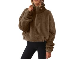 Yutdeng Dames sweatshirt zonder capuchon, fleece, oversize, met halve ritssluiting, opstaande kraag, met zakken, Csausl, sport, winter, herfst, warm fleecejack