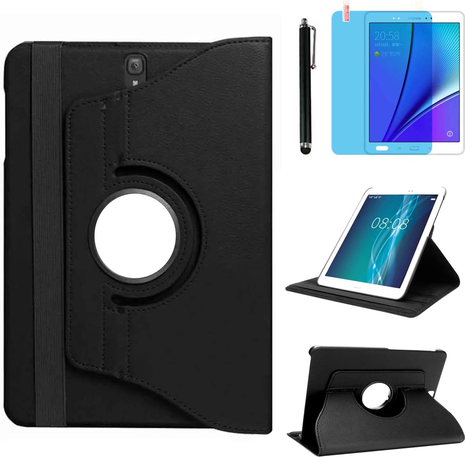 Hoesje voor Samsung Galaxy Tab S3 9.7 inch 2017 (SM-T820 SM-T825 SM-T827),360 graden roterende standaard hoesje volledige slimme beschermende cover,met stylus pen, schermfolie (Black)