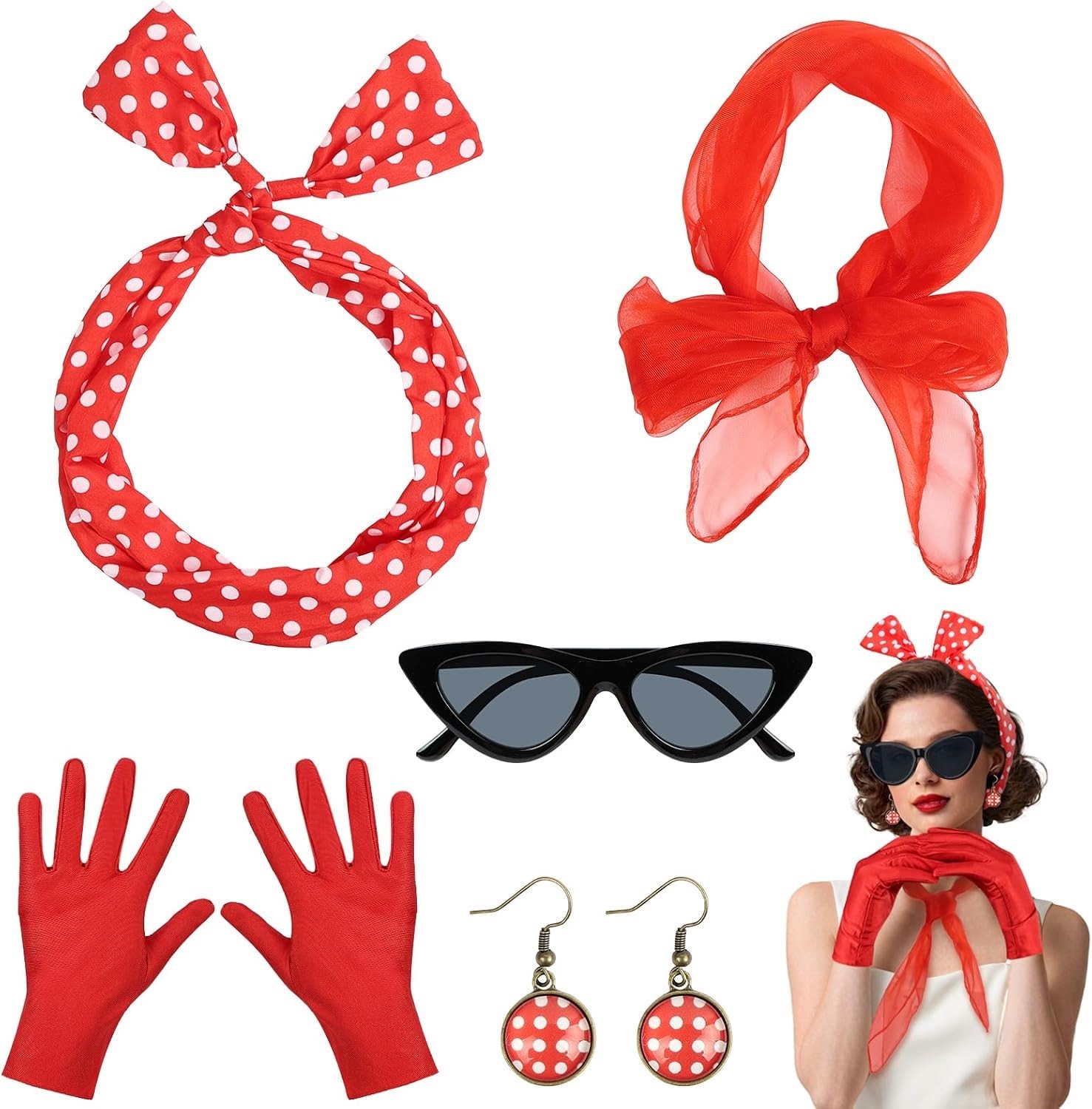 50s Retro Kostuumaccessoires Set met Cat Eye Bril, Dotted Bandana, Hoofdband, Oorbellen en Handschoenen voor Vrouwen, Perfect voor Feestjes en Themadagen