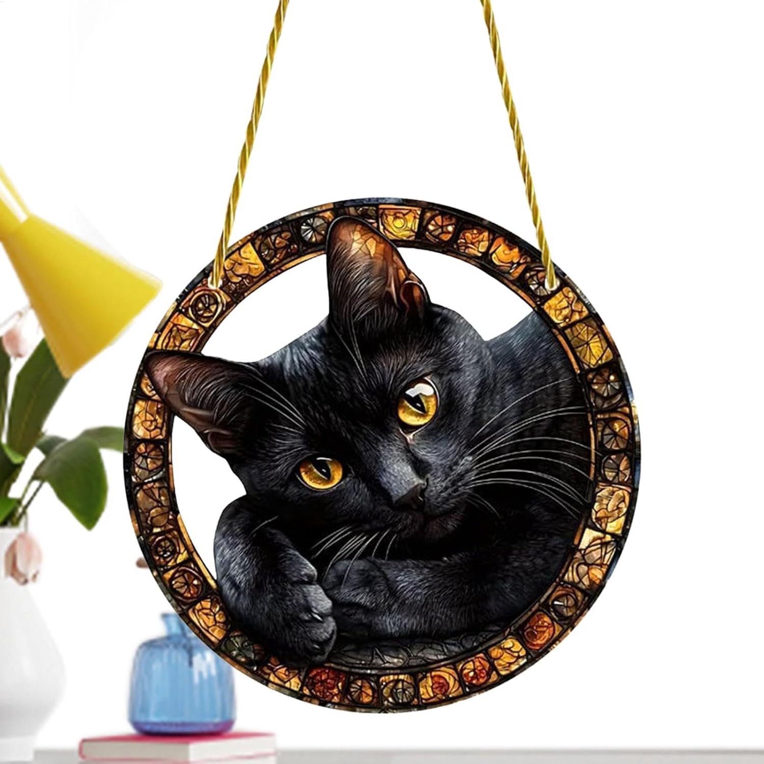 Zwarte kat zonnevanger, dierlijke raambedel, maker hanger, binnenraam zonnecharme, decoratieve kat, ronde dier zon hanger, huis raam maker, kattenogen zon ornament