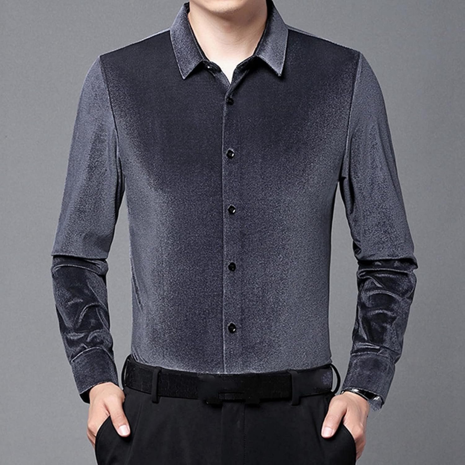 Goud Fluwelen Herenoverhemd - Heren Herfst Winter Thermisch Overhemd Grijs Fluwelen Overhemd Met Lange Mouwen Retro Revers Single Breasted Slim Fit Heren Casual Zakelijk Nieuwjaar Kerstcadeau,Grijs