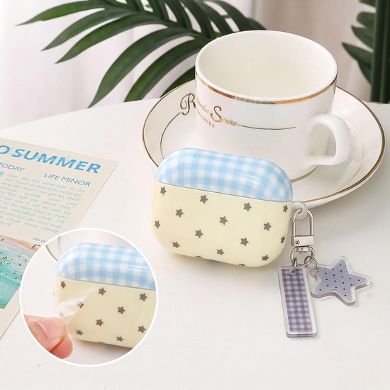 Hoes voor AirPods Pro 3 met reinigingsset, schattig retro ruitpatroon, esthetisch met ster sleutelhanger, zachte TPU stootvaste hoes voor AirPods 3 Pro, beige blauw ruitpatroon — afbeelding 2