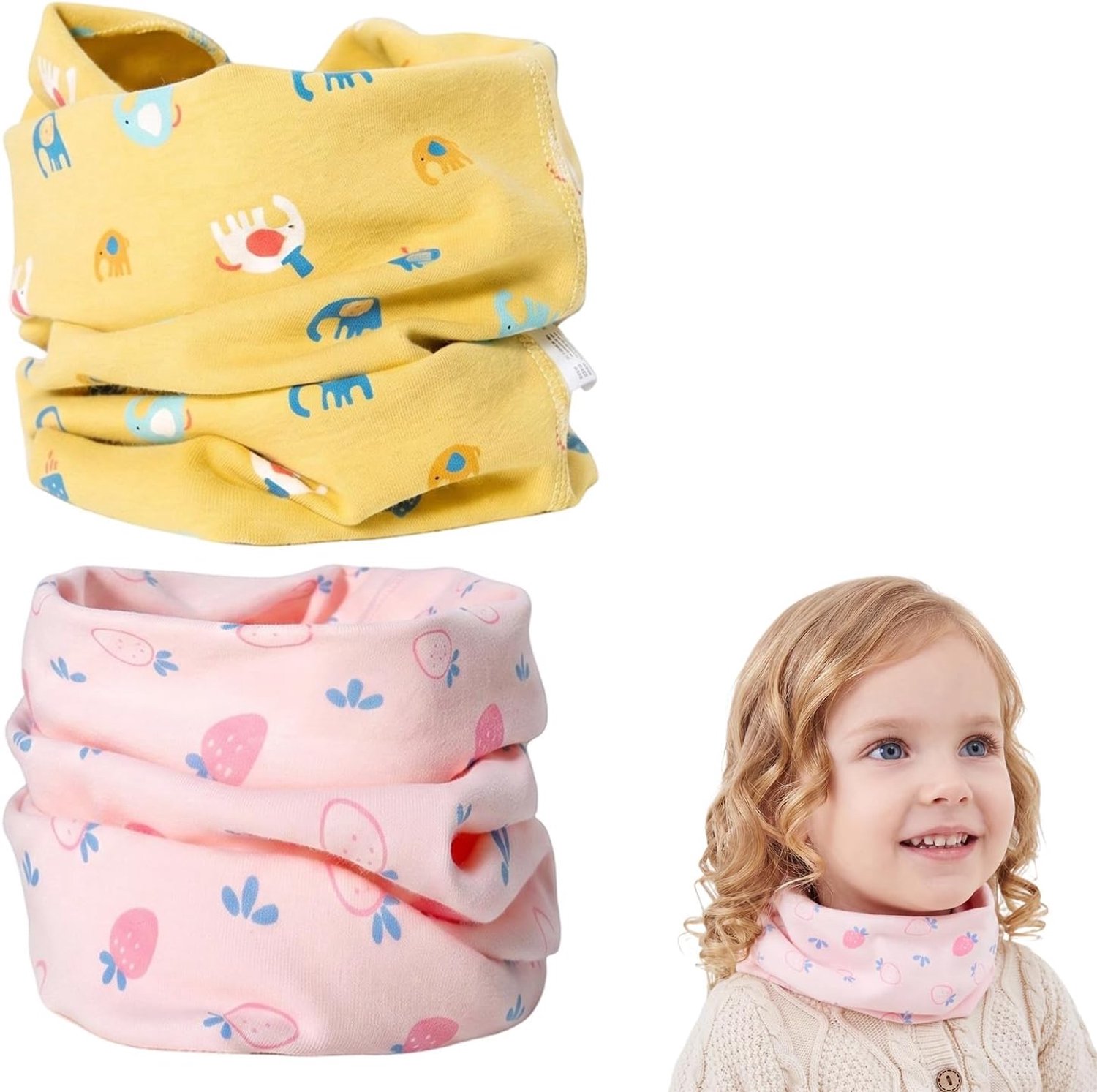 2 stuks colsjaal voor kinderen, bandana, jongens en meisjes, van zacht katoen, winddicht, voor pasgeborenen, jongens en meisjes, set met mini-olifanten- en aardbeienprints