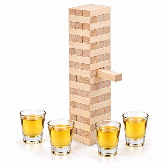 Lomera Stapeltoren Drankspel met 60 Houten Blokjes en 4 Shotglaasjes - Drinkspel - Vallende Toren - Shotspel - Drinking Game - Wiebeltoren - Partyspel - Gezelschapsspel - Behendigheidsspel