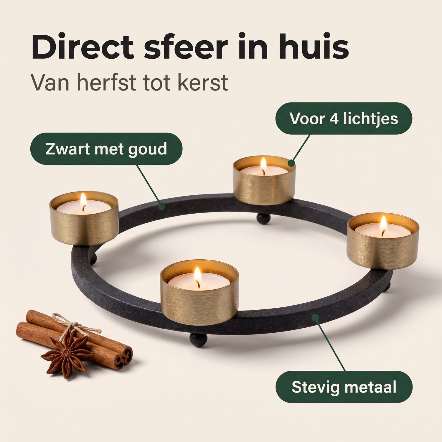 Cheqo® Theelichthouder Rond voor 4 Theelichtjes - Adventskrans Zwart Goud - Waxinelichthouder - Kaarsenhouder - Advent Kandelaar - Kerstdecoratie - Kaarsenstandaard - Tafelversiering - Herfstdecoratie - Kerstversiering - Sfeerverlichting Binnen – foto 2