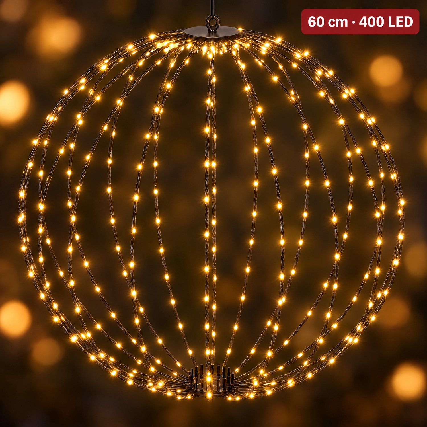 Cheqo® Lichtbol 60 cm zonder Middenring - Warm Wit - 400 LED - Kerstverlichting - Timer - Verlichte Kerstbal - Lichtbal - Kerstlampjes - Kerstdecoratie - Kerstfiguur - IP44 Adapter - Zwart - Sfeerverlichting - Kerstversiering - Lichtdecoratie