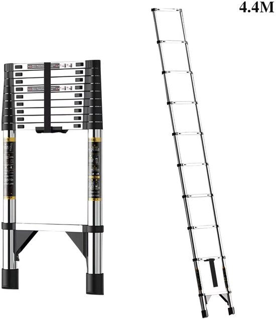Zilverkleurige uitschuifbare ladder van 4,4m in zowel ingeklapte als volledig uitgeklapte stand.