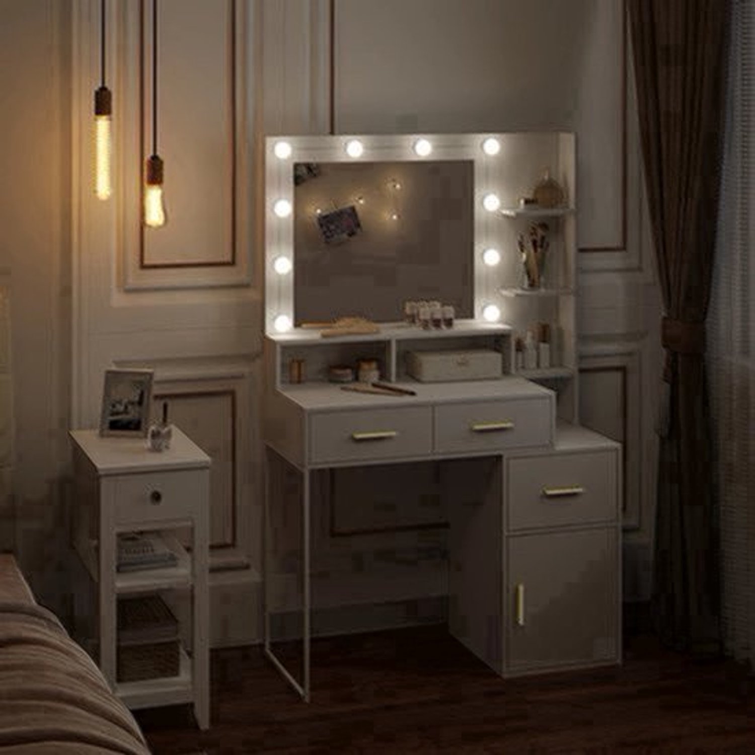 Kaptafel - Make-up Tafel - Kaptafel met spiegel en verlichting - Verstelbare - Helderheid - 10 LED - 1 Tafelblad - 2 Lades - 1 Opbergvak - 3 Planken - 90x143x39.5 cm - Wit