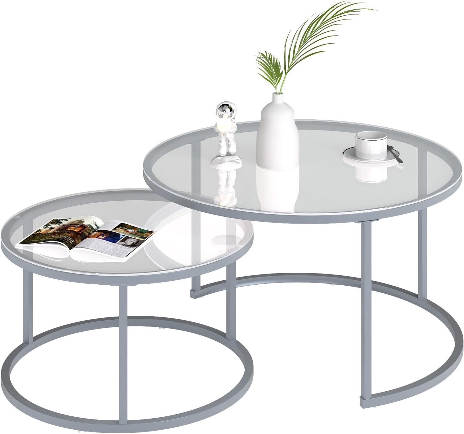 Rond, salontafel, woonkamer, glazen tafels met metalen frame, zilver, salontafel, set van 2, nesting woonkamertafel, rond, transparante glasplaat, salontafel 80 cm en 60 cm