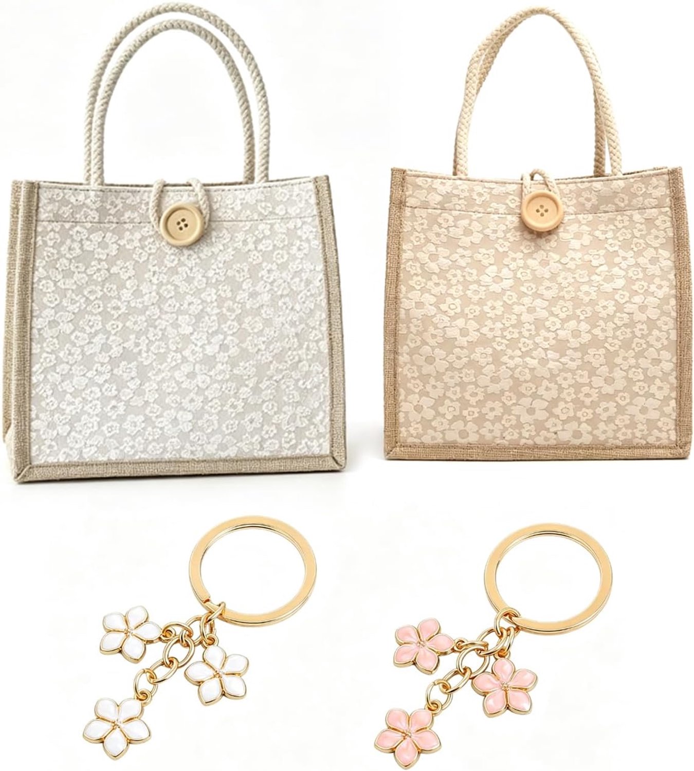 2 Jute Draagtassen, 2 Sleutelhangers, Boodschappenpicknickaccessoires, Badartikelen Voor Dames.