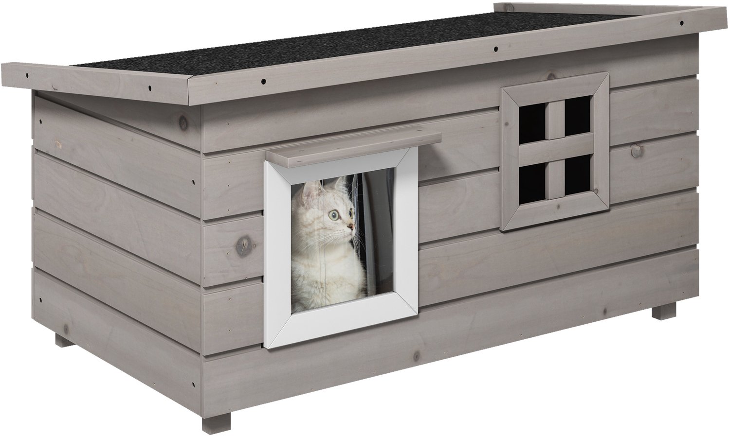 Pawona Kattenhuis - Met asfaltdak, raam en PVC-gordijn - 87 x 52 x 44 cm - Grijs/Wit/Zwart