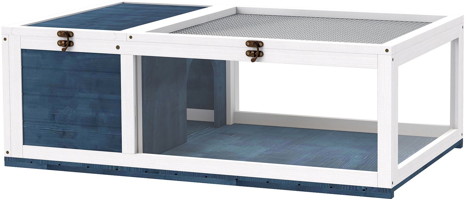 Pawona Schildpaddenverblijf van hout - Met slaapgedeelte en uitloop - 91 x 60,5 x 32 cm - Blauw