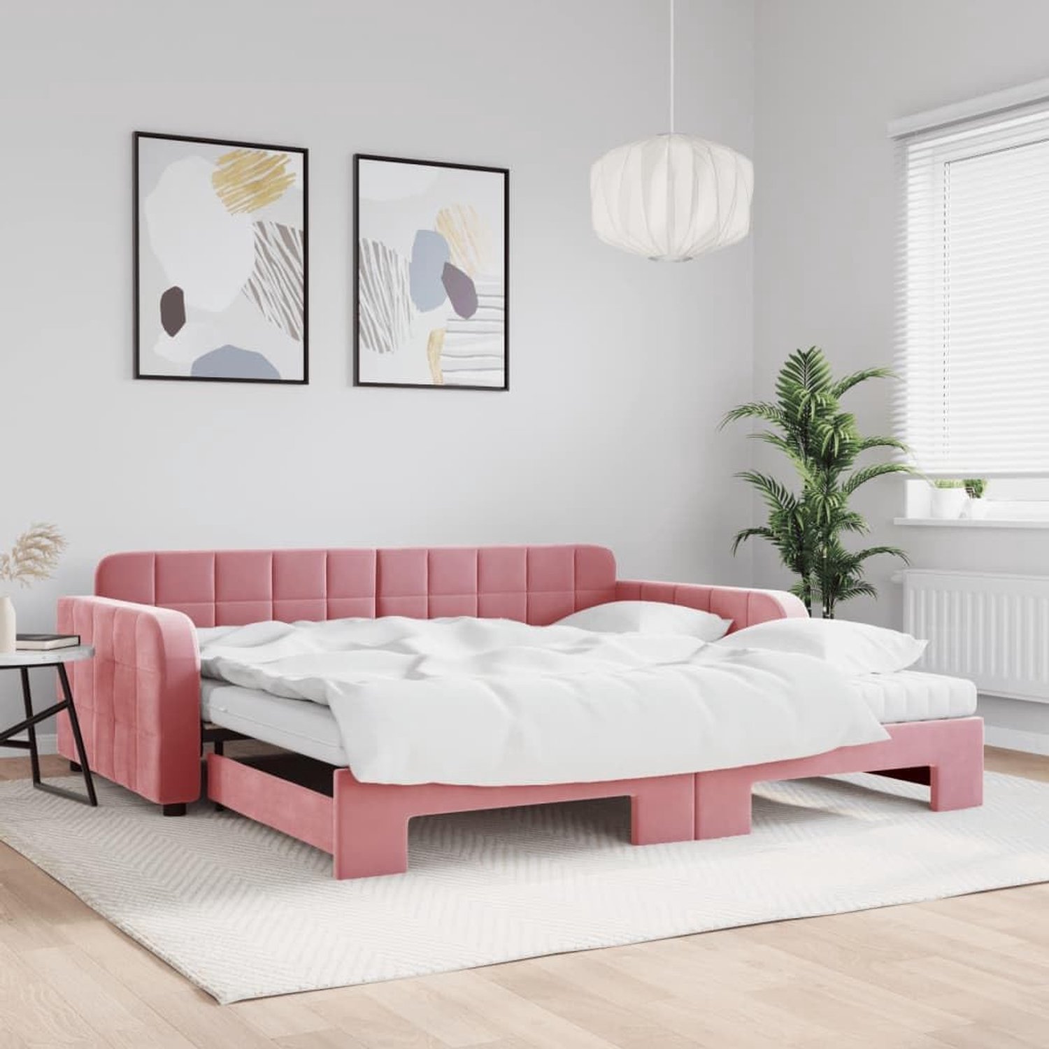 Uittrekbaar met matrassen, roze, 100 x 200 cm, fluweel, bedframe voor woonkamer, hotelbedframe, geschikt voor slaapkamer