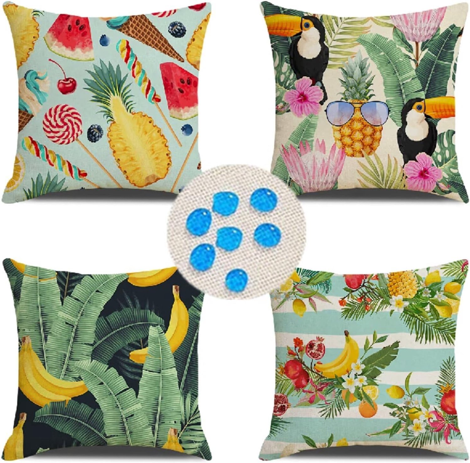 Waterdicht, 4-delige set, vierkant, dubbelzijdig, hoogwaardige kwaliteit, linnen, voor balkon, bank, tuin, decoratie, kussenhoezen, 50 x 50 cm, tropische zomer
