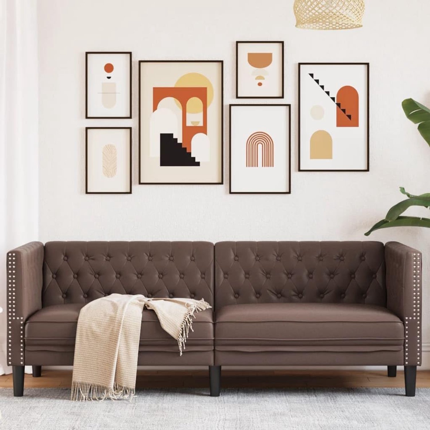 3-zits, kunstleer, bruin, Chesterfield-bank, gewatteerd, comfortabel en elegant, voor woonkamer