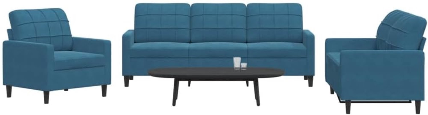 3-delige bankset met kussen blauw fluweel, zacht velours materiaal en robuust metalen frame, moderne woonkamer inrichting met dikke bekleding