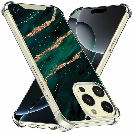 Smartphonica Geschikt voor iPhone 16 Pro Max Telefoonhoesje met Goud Groen Marmer opdruk - Draadloos op te laden - Shockproof Siliconen TPU Strong Case - Sterk Schokbestendig Telefoonhoesje geschikt voor iPhone 16 Pro Max