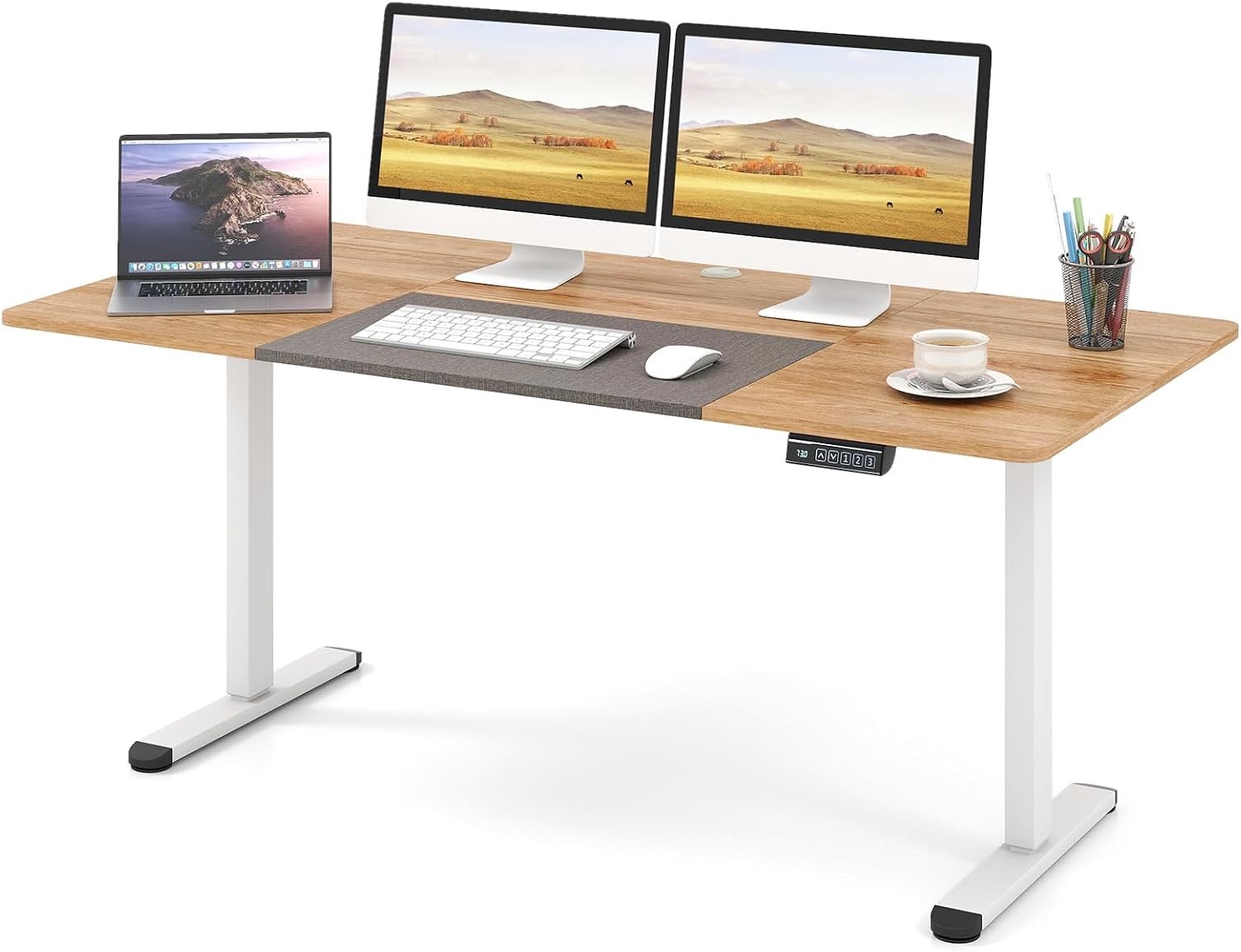 Costway In hoogte verstelbaar bureau, 140 x 70 cm, elektrisch sta-bureau met geheugenfunctie en kabelbeheer, computertafel incl. haken, sta-zittafel voor thuis en op kantoor (natuur) Naturel