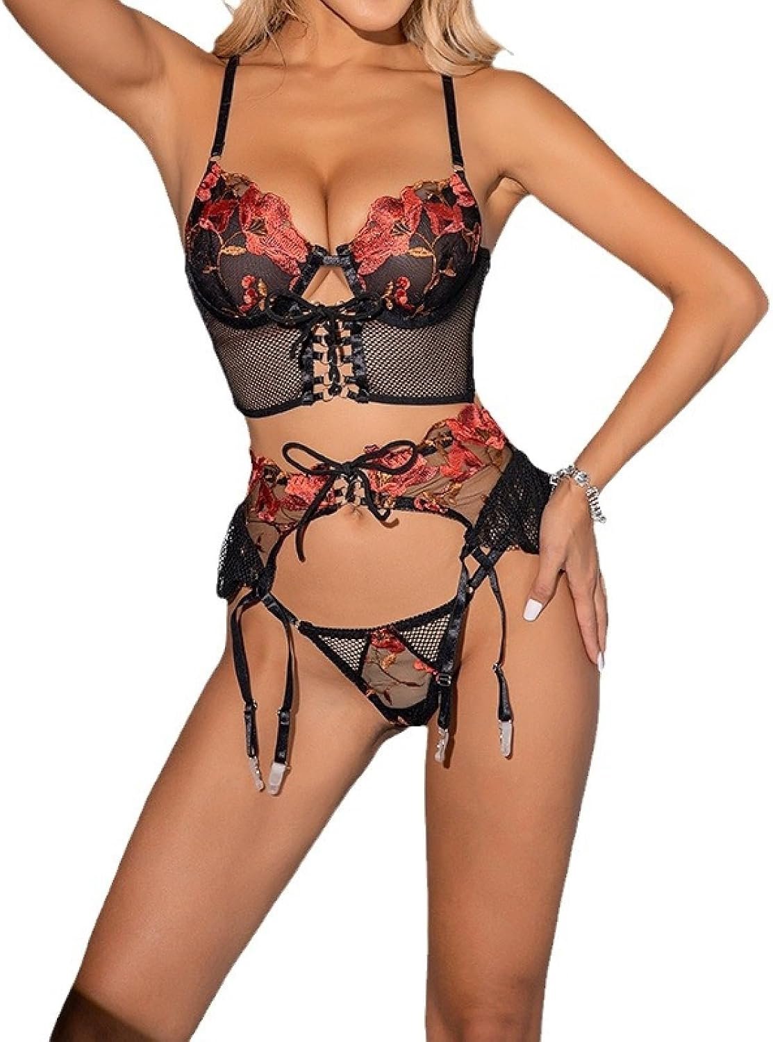 Open voorkantSexy mesh magere dunne uniforme driepunts erotische lingerie driedelige set