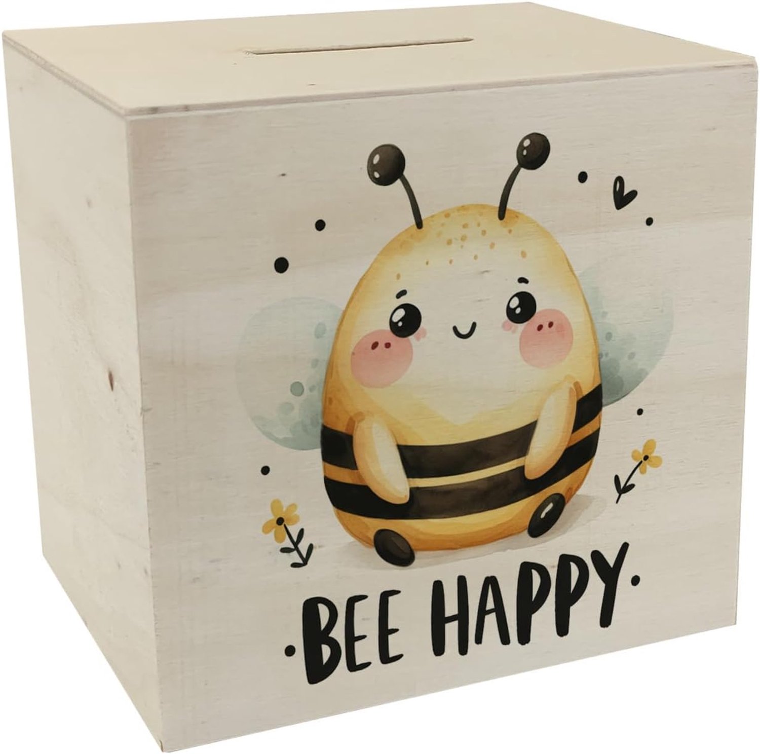Bee Happy houten spaarpot schattige dikke bij in tekencartoon pluizig en vriendelijk bespaart je geld gelukkig