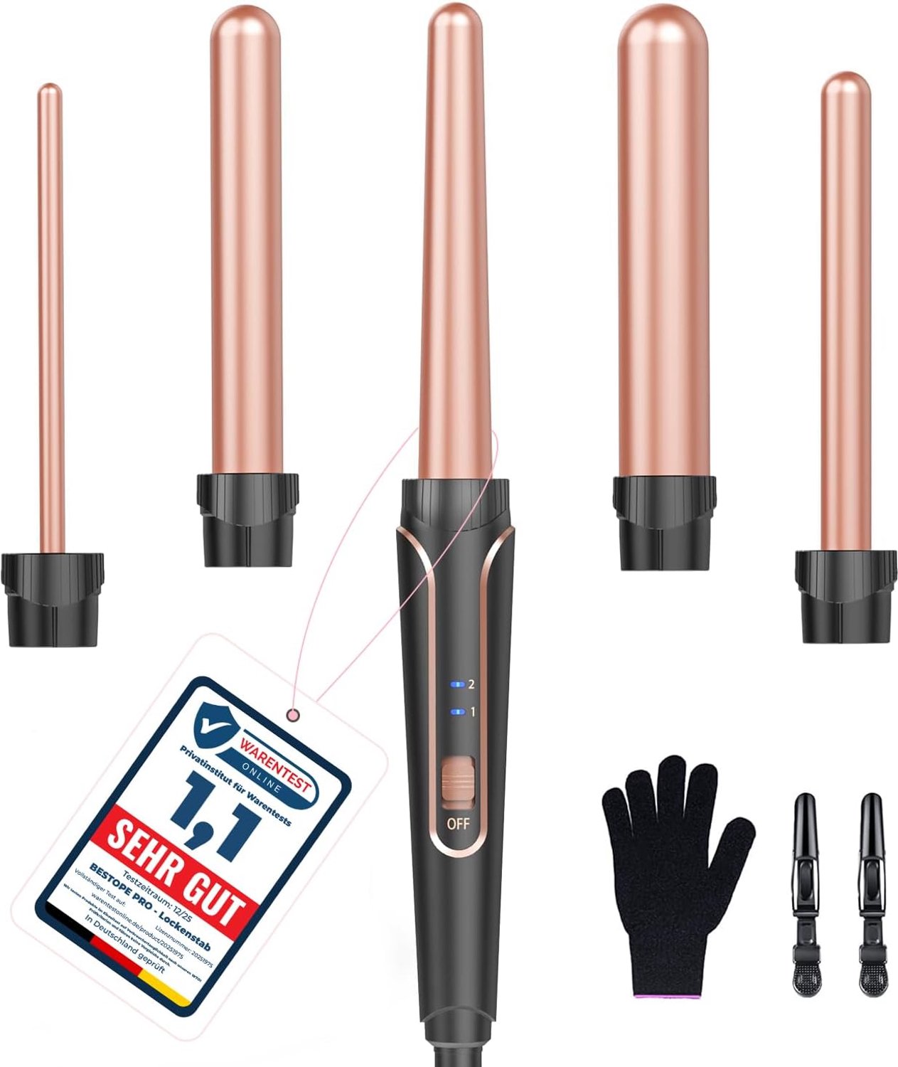 5-in-1 krultangset, golvende krultang, geschikt voor alle haartypes, keramisch materiaal, snel opwarmen met twee temperatuurniveaus, inclusief handschoenen en 2 haarspelden