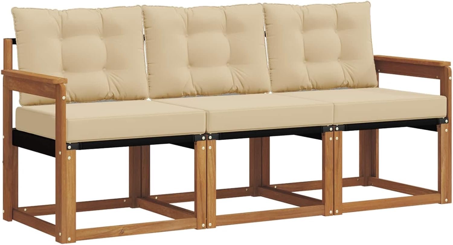 Outdoorbankset van massief acaciahout, 3-delig, naturel en beige, met armleuningen en rugleuningen voor comfort en stijl op terras of in de tuin.