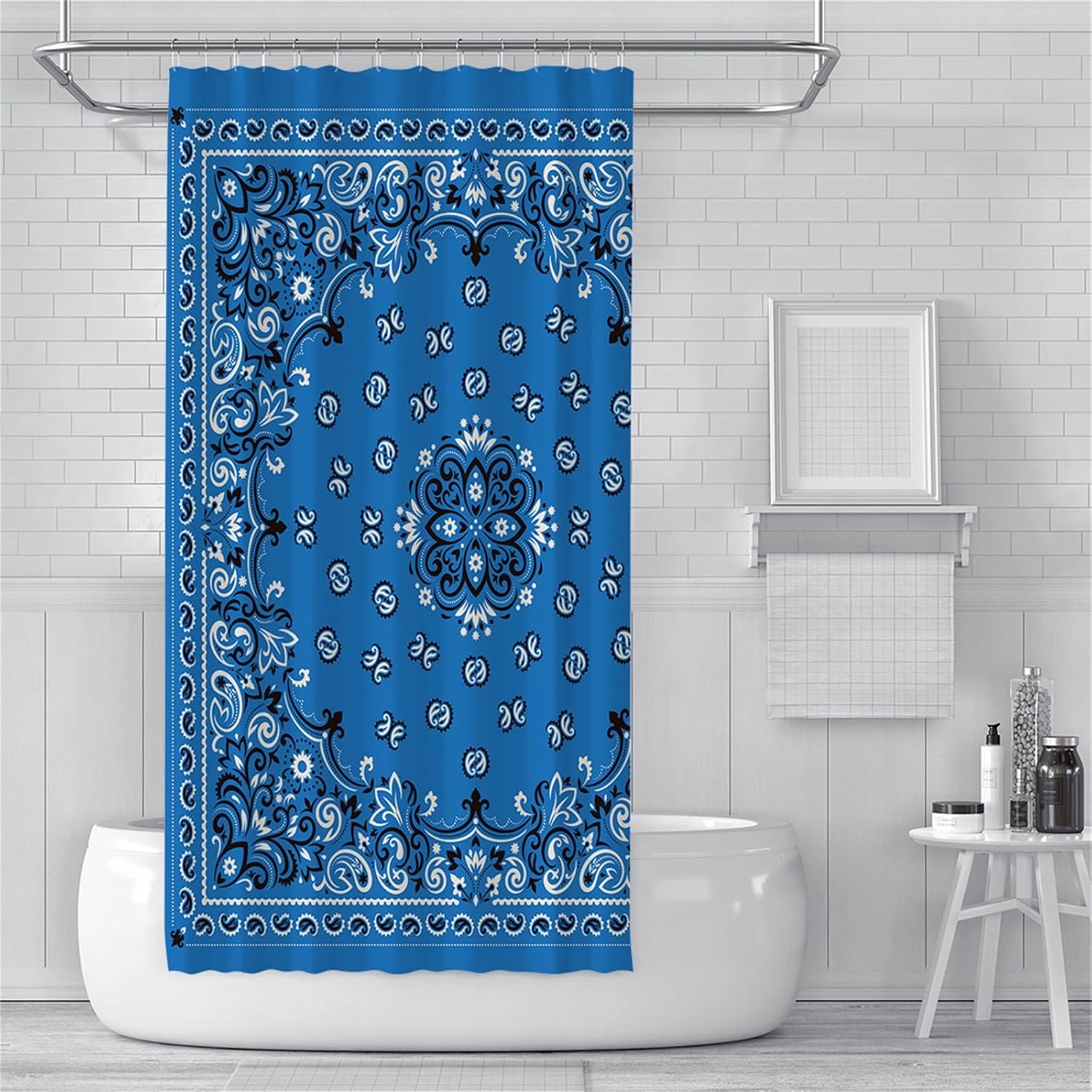 Douchegordijnen, schimmelbestendig, waterdicht, wasbare badgordijnen, gewogen badgordijnen met haken, 3D-tuin, buitendouchricht, Boho blauw