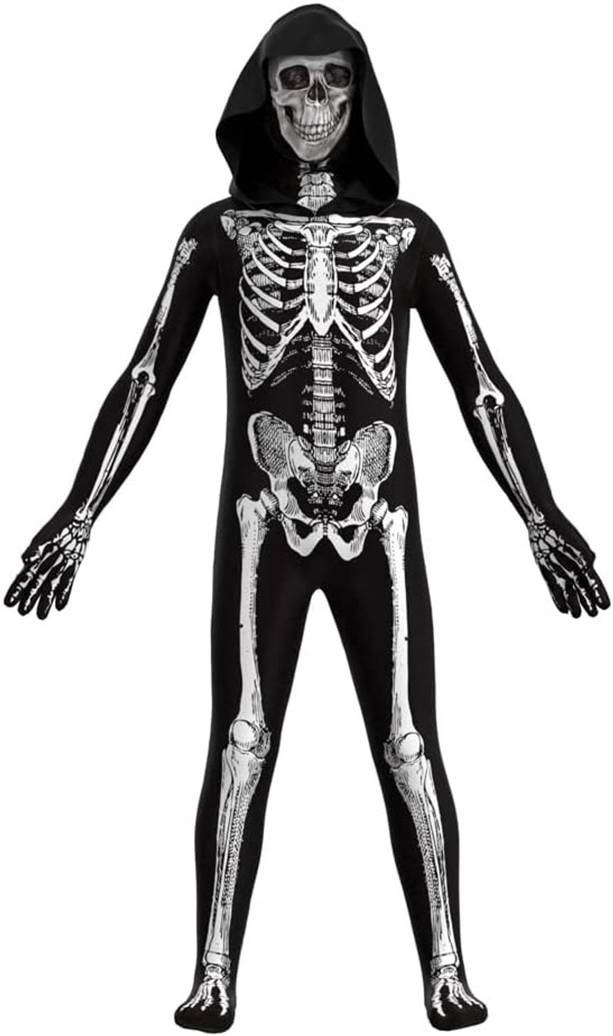 Halloween skelet kostuum heren volwassen 3D skelet lange mouwen jumpsuit met capuchon
