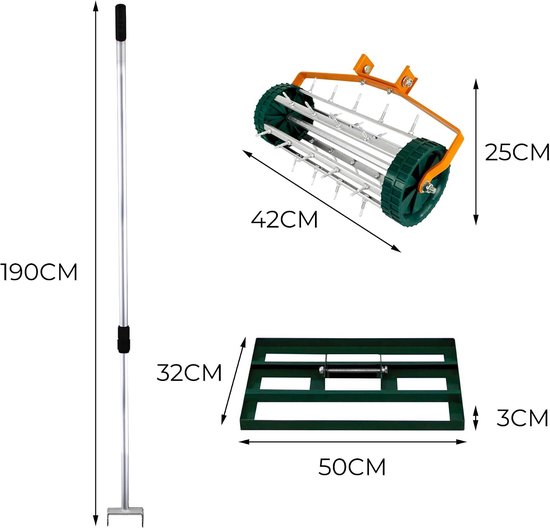 2-in-1 Handmatige Verticuteermachine en Gazonvlakker Set in Groen Gegalvaniseerd Staal en Aluminium met Uitschuifbaar Handvat tot 190 cm, Vlakkingsbasis van 50 cm en Spikes van 3,8 cm — afbeelding 3