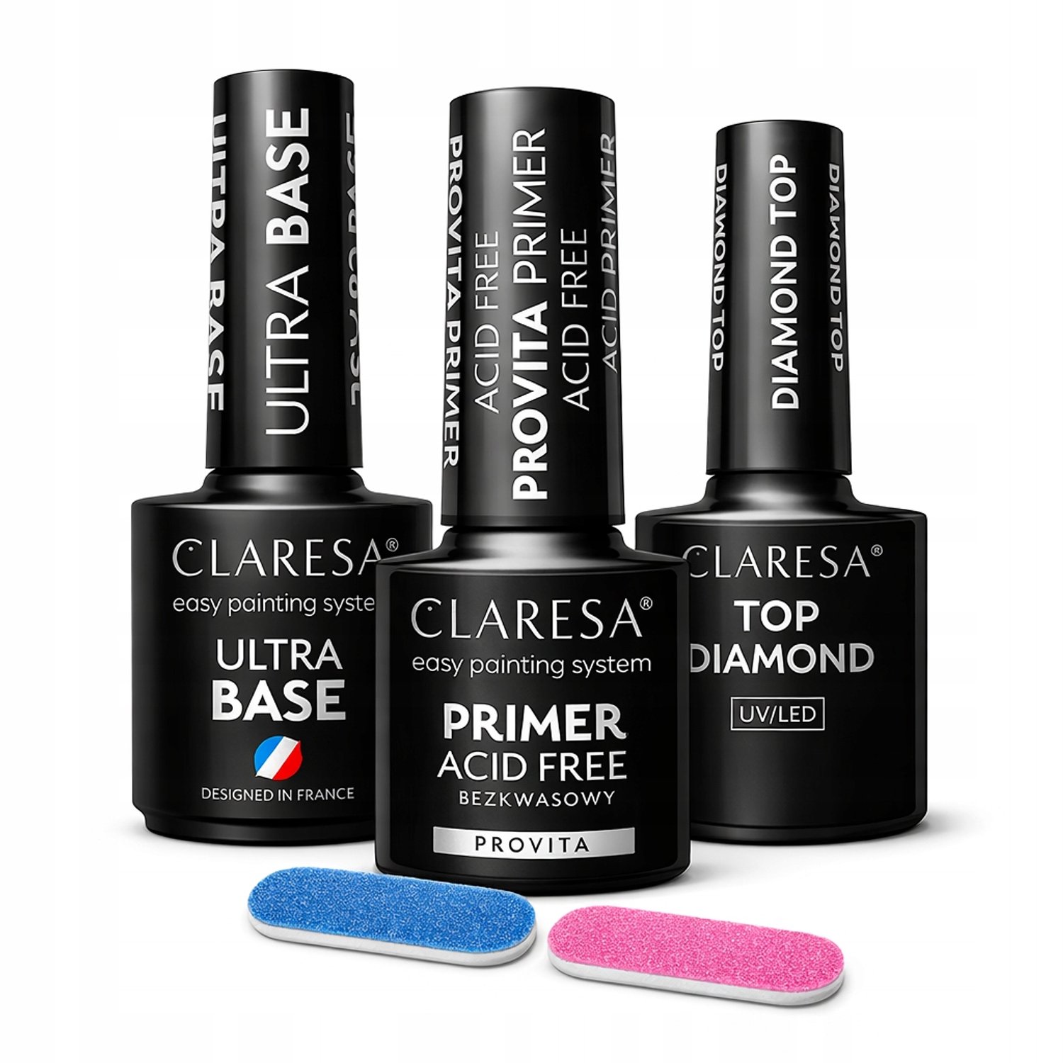 Claresa Hybride Nagellak Set: Ultra Base, Primer, Top Diamond & Vijl