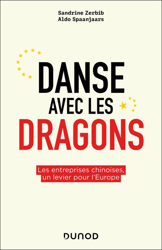 Boekomslag 'Danse avec les dragons' met zwarte en rode tekst en een gele sterrencirkel op een crèmekleurige achtergrond.
