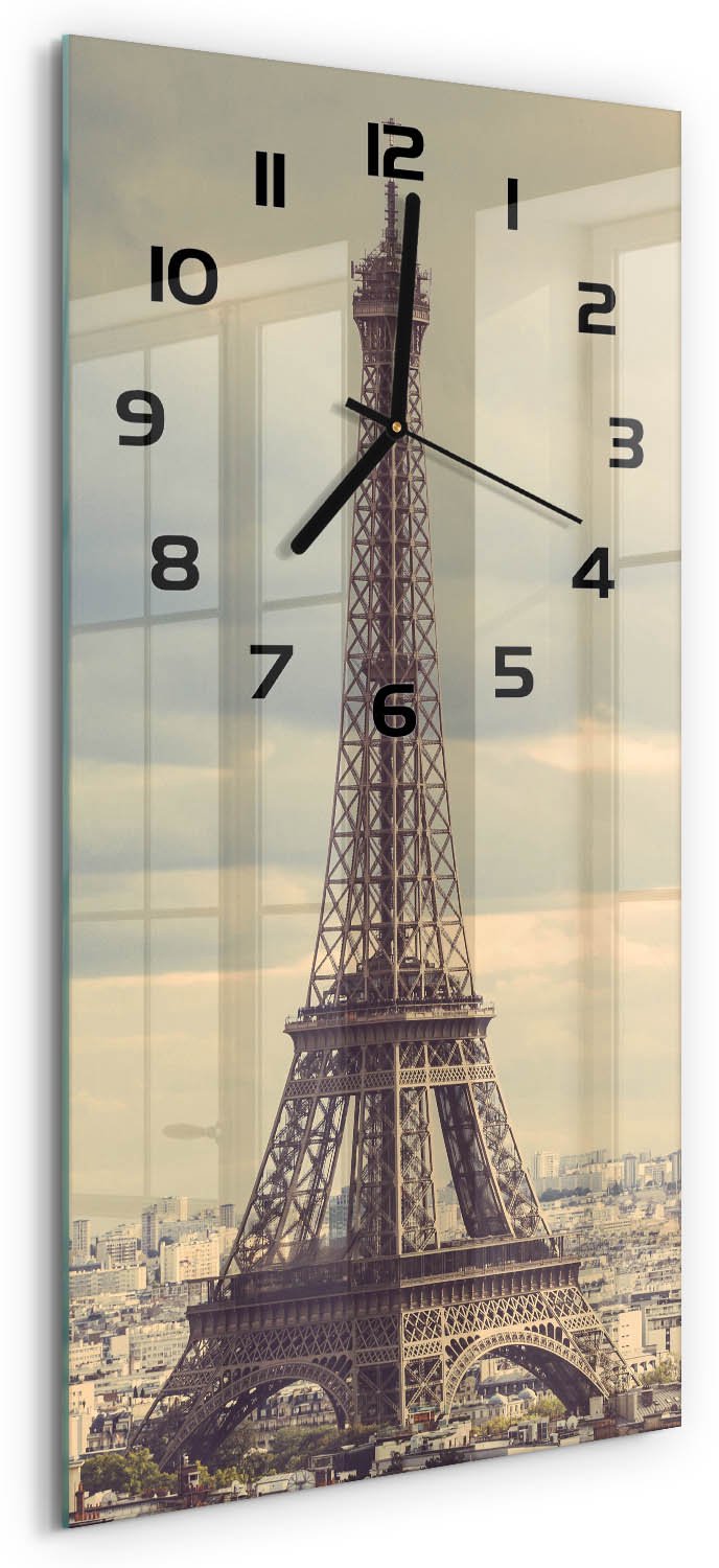 Tulup Wandklok - Eiffeltoren Parijs Glazen Wandklok Design - 30x60 cm - Beige Klok Glas Met Opdruk - Zwarte handen - Rechthoekige Klok - Wandklok Glas Met Motief - Decoratieve Glazen Klok