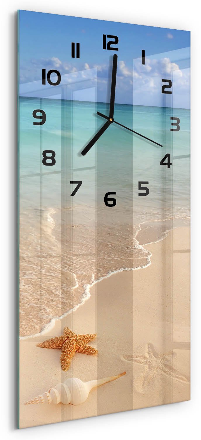 Tulup Wandklok - Zeesterren op het strand Klok Glas Met Opdruk - 30x60 cm - Blauw Moderne Wandklok Glas - Zwarte handen - Rechthoekige Klok - Decoratieve Glazen Klok - Glazen Wandklok Design