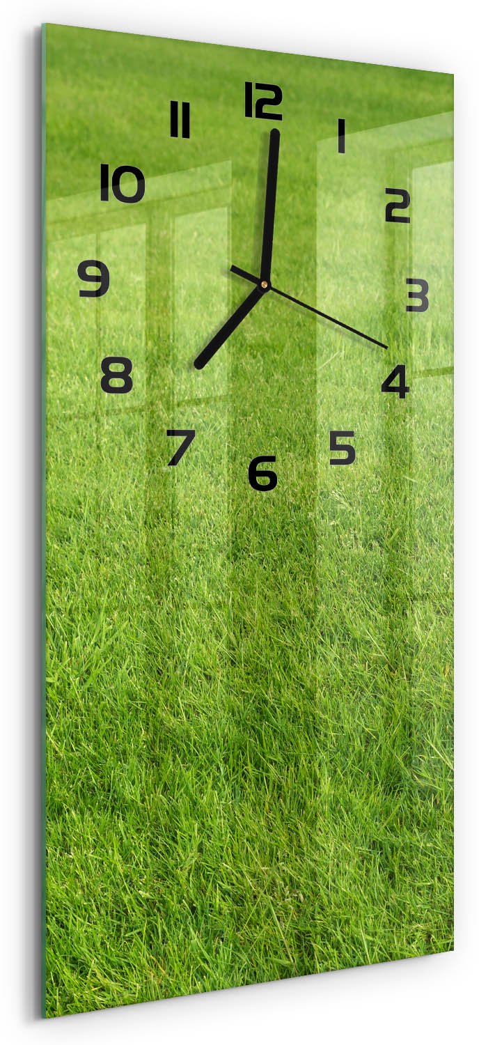 Tulup Wandklok - Groen gras Klok Glas Met Opdruk - 30x60 cm - Groente Moderne Wandklok Glas - Zwarte handen - Rechthoekige Klok - Decoratieve Glazen Klok - Glazen Wandklok Design